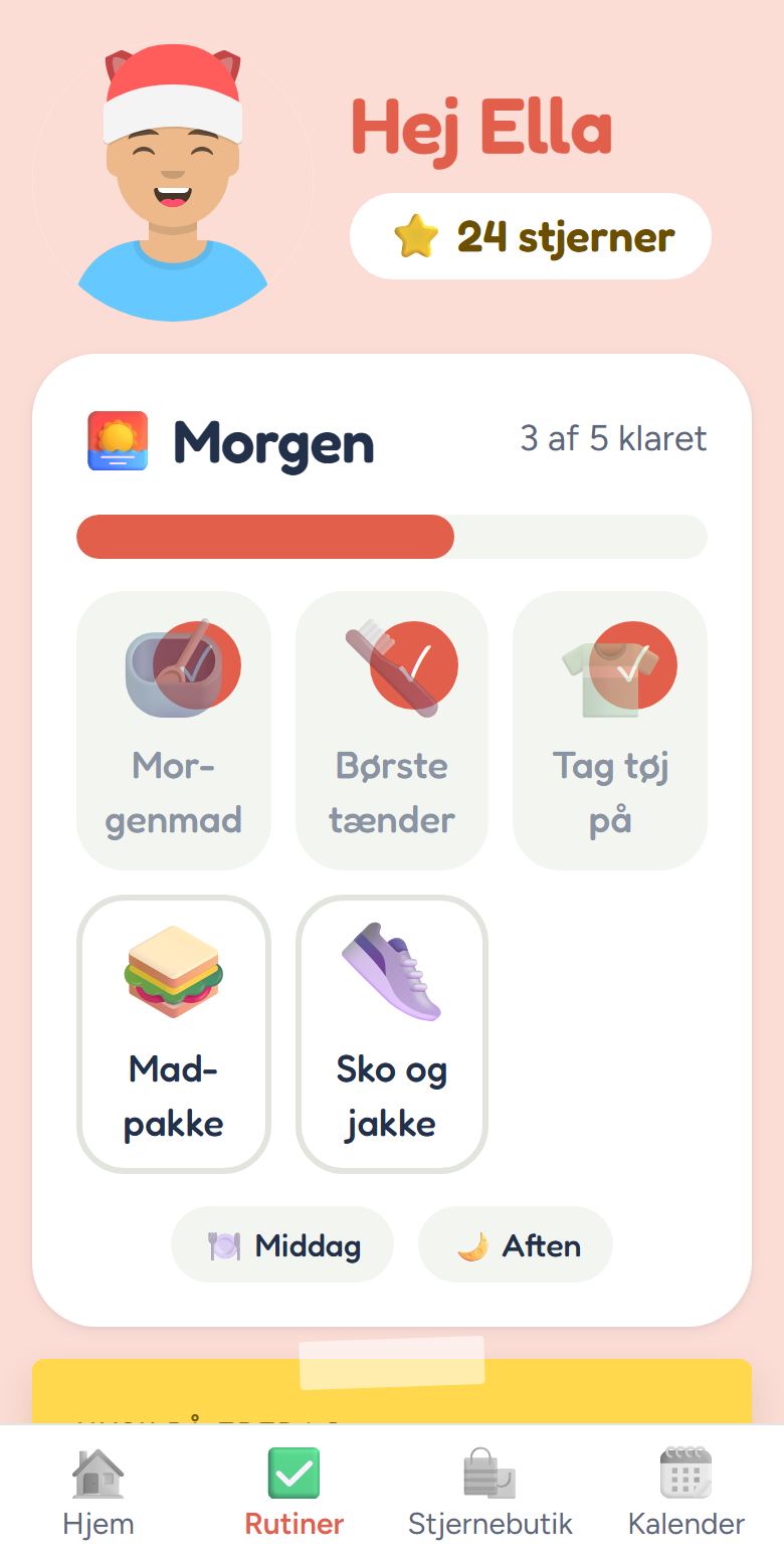 Et barns morgenrutine med opgaver og stjerner
